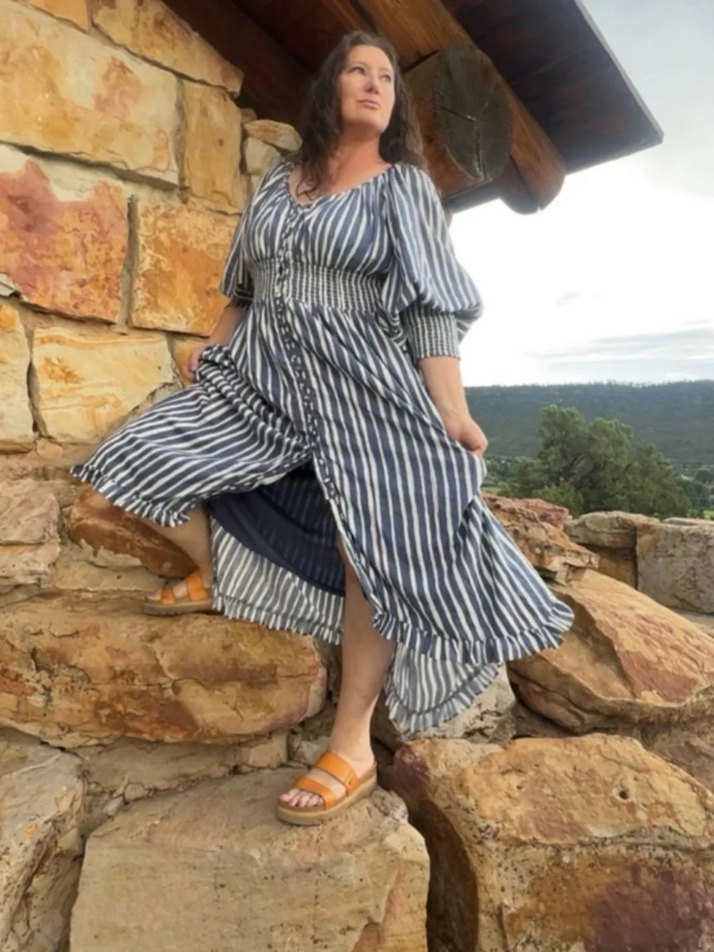 Anthropologie 1X Striped Long-Sleeve Sweetheart Button Front Peasant Dress NWT - Picture 3 of 12